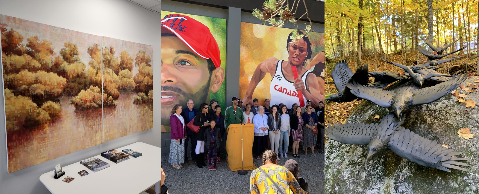 Mural of three images, first of a painted scene with trees, second of mural wall athletes at the arena, third a sculpture of ravens.